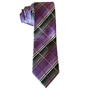 FERUCCI Silk Tie Purple Green Geometric Patchwork Jacquard Abstract Handmade